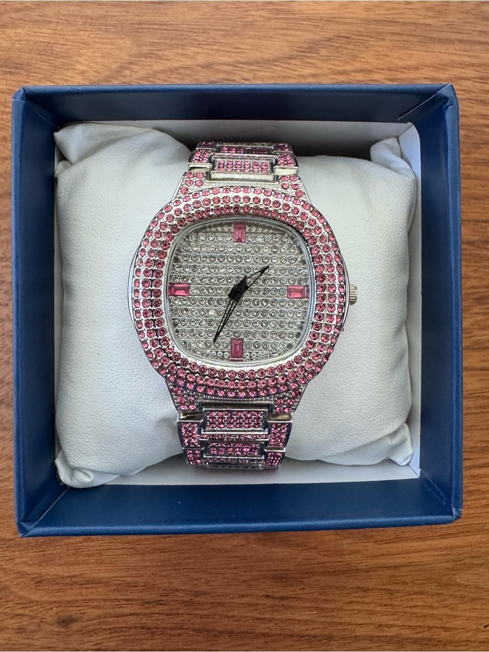 Women’s Silver Iced Out Pink Rhinestones 32mm Watch